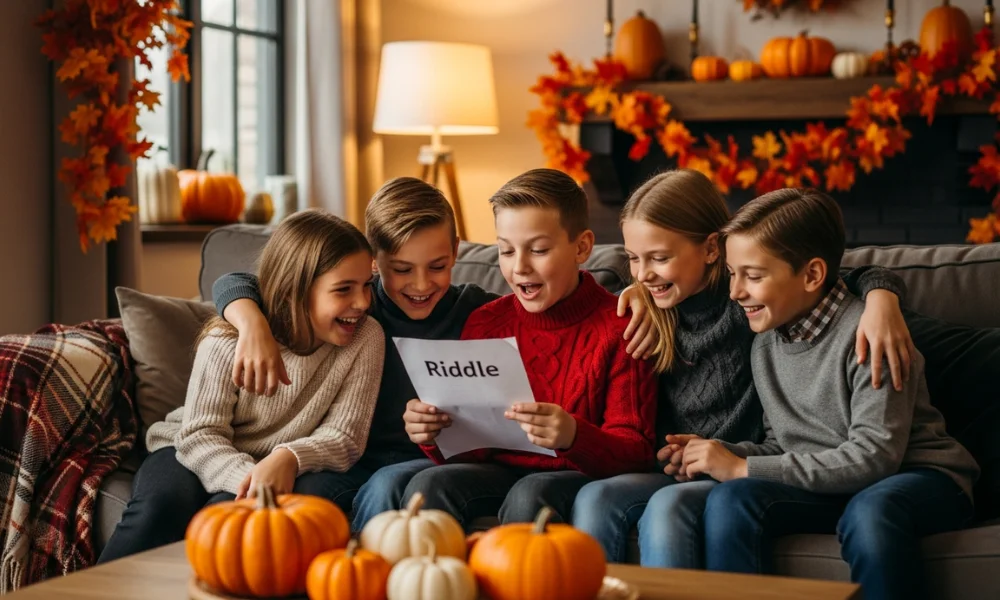 A group of five children sits on a sofa-Thanksgiving Riddles for Kids