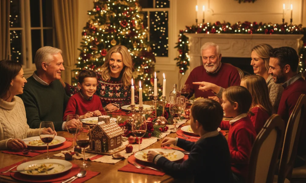 joyful family gathers around a festive holiday dinner table-riddles for christmas