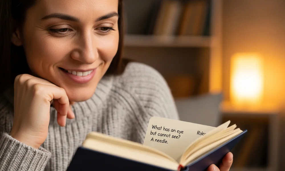 A woman in a cozy sweater smiles-dark humor riddles