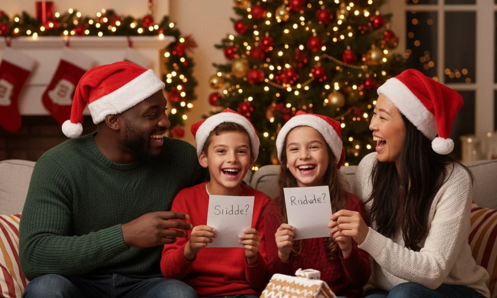 A joyful family wearing Santa hats sits on a couch