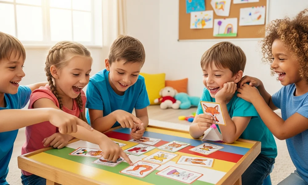 Five children happily play a card game