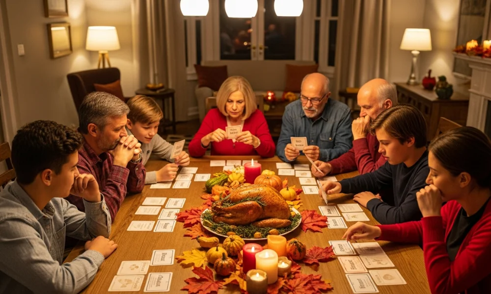 A family gathers around a table
