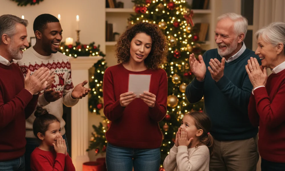 A woman reads a card to a smiling family