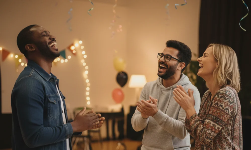 Three friends laughing and clapping-dirty jokes and riddles