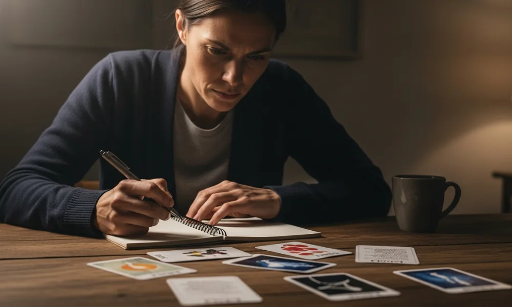 A woman sits at a wooden table-Dark Riddles