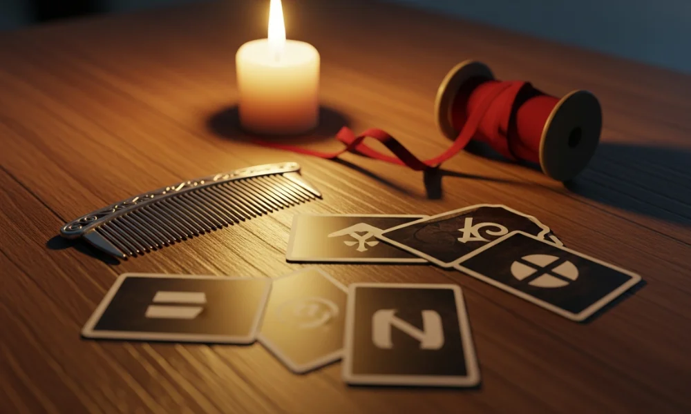 A lit candle casts a warm glow on tarot cards