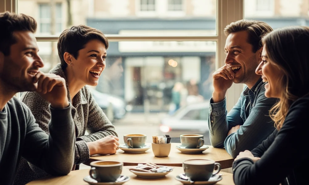 Four friends sit around a table