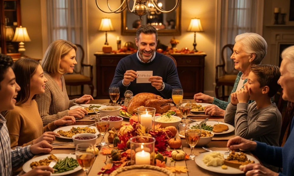 Family gathered around a Thanksgiving table