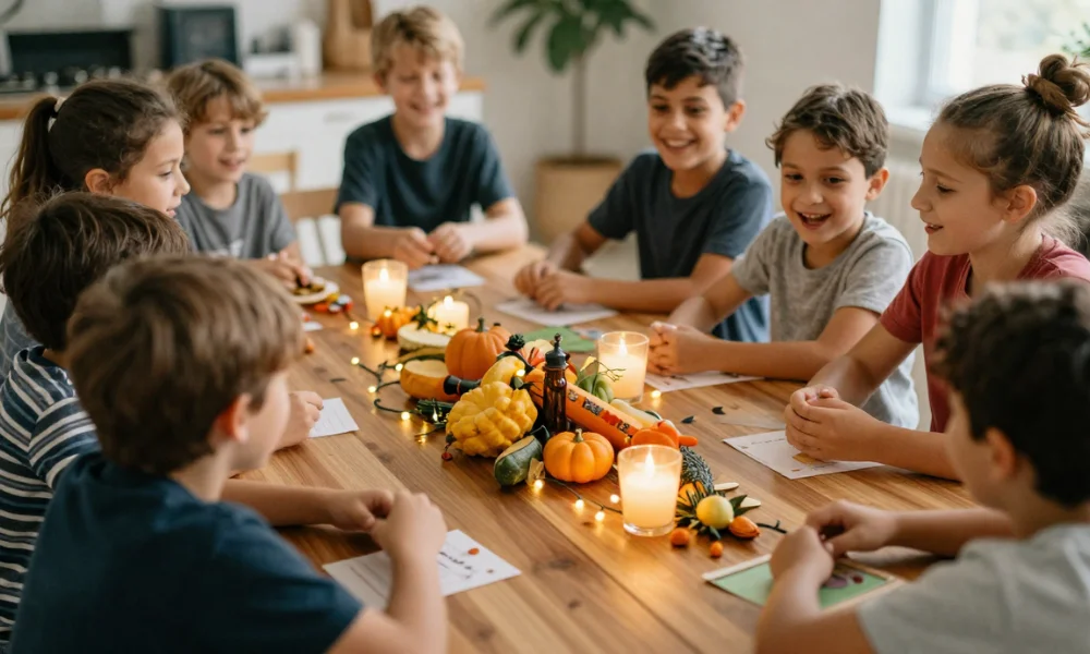 Children sit around a table decorated with pumpkins-Thanksgiving Riddles for Kids