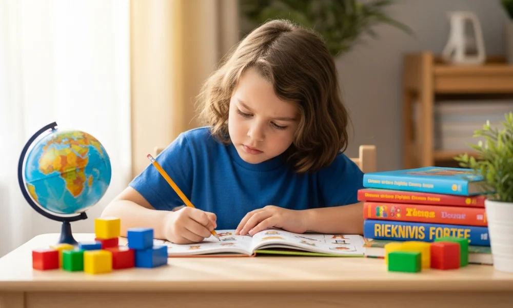 young child with brown hair focuses intently on writing-easy kid riddles