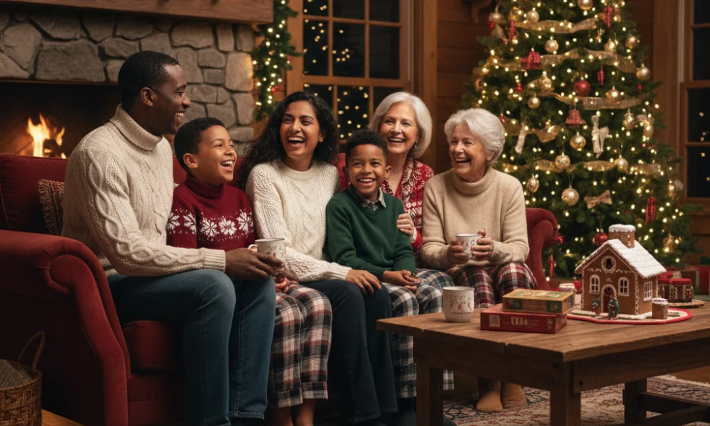 joyful family of six sits on a couch by a fireplace-riddles for christmas