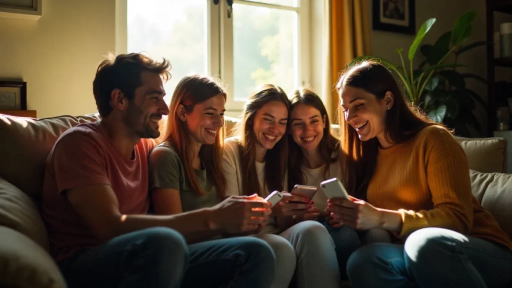 group of five friends sit on a cozy sofa