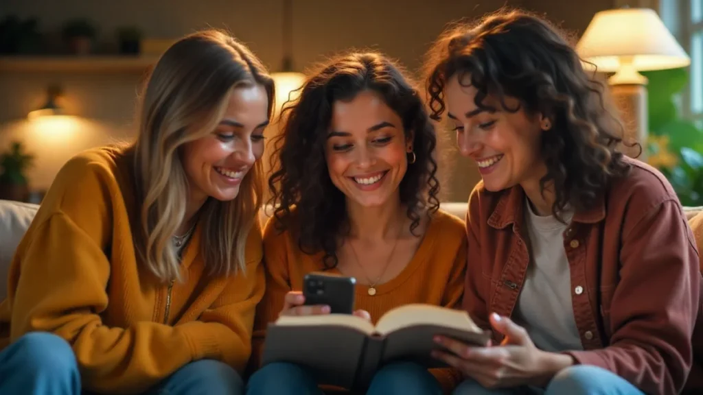 Three women sitting together on a couch