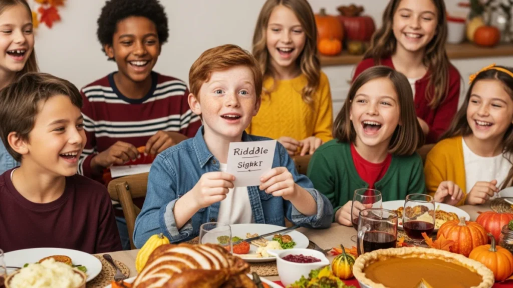 A group of cheerful kids sit around a festively decorated table