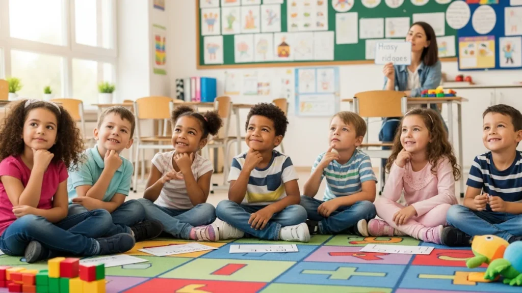diverse group of smiling children sit cross-legged
