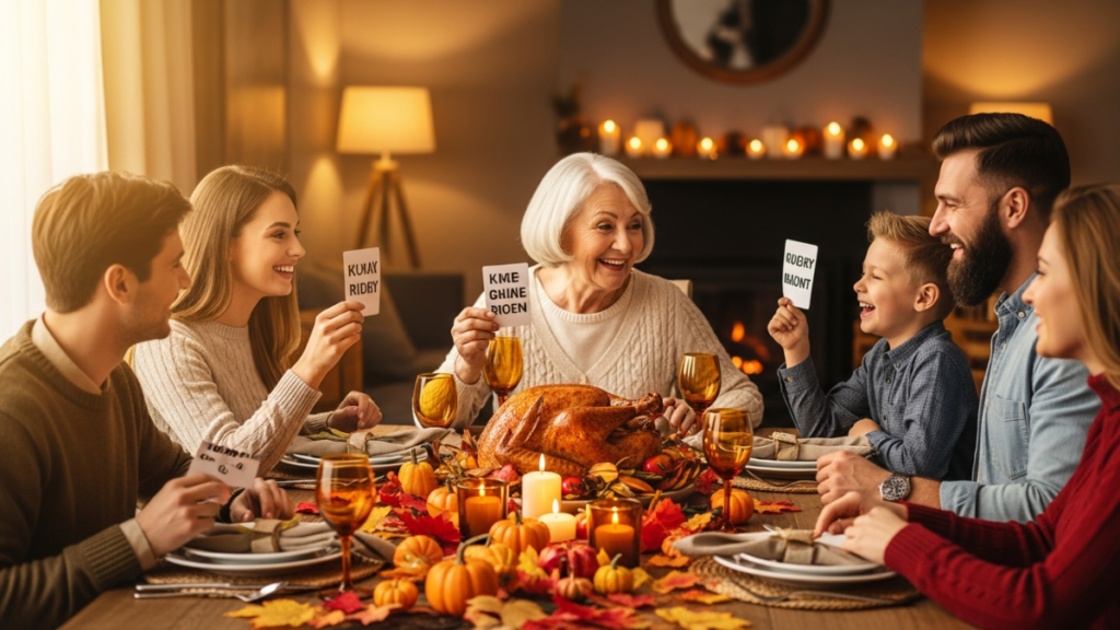 A family gathers joyfully around a Thanksgiving table
