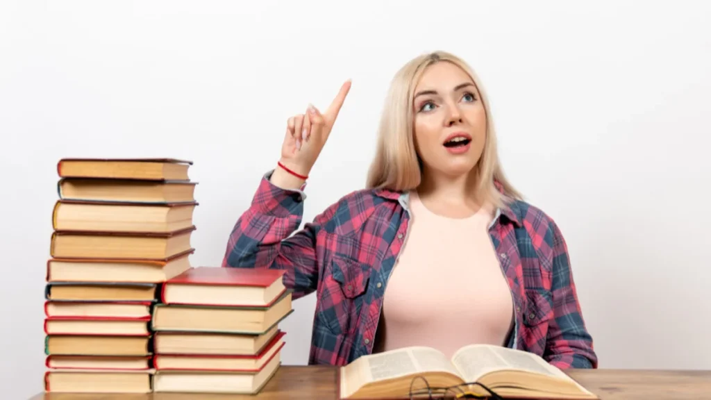 A woman with blonde hair in a plaid shirt