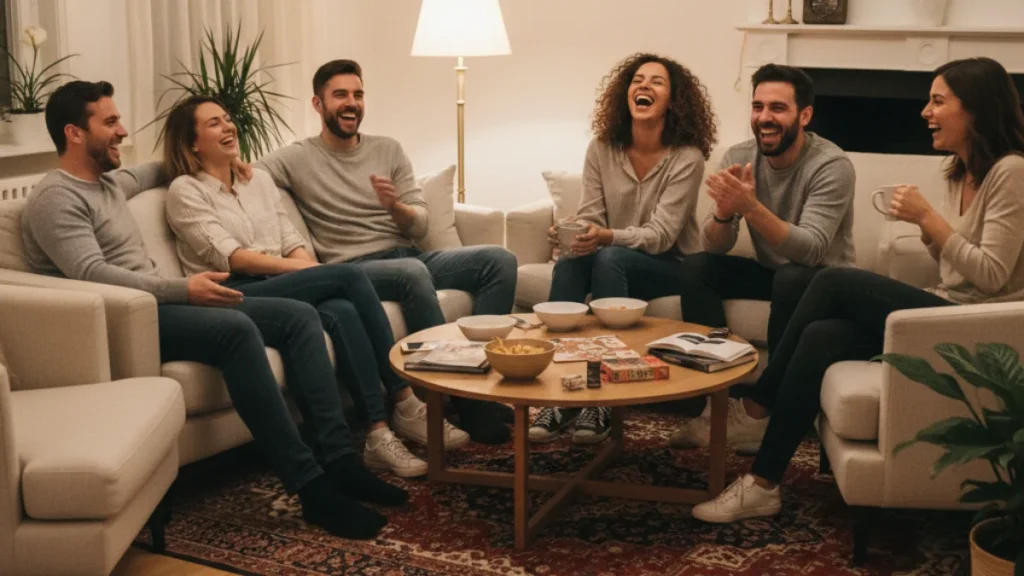 group of six friends sit on sofas