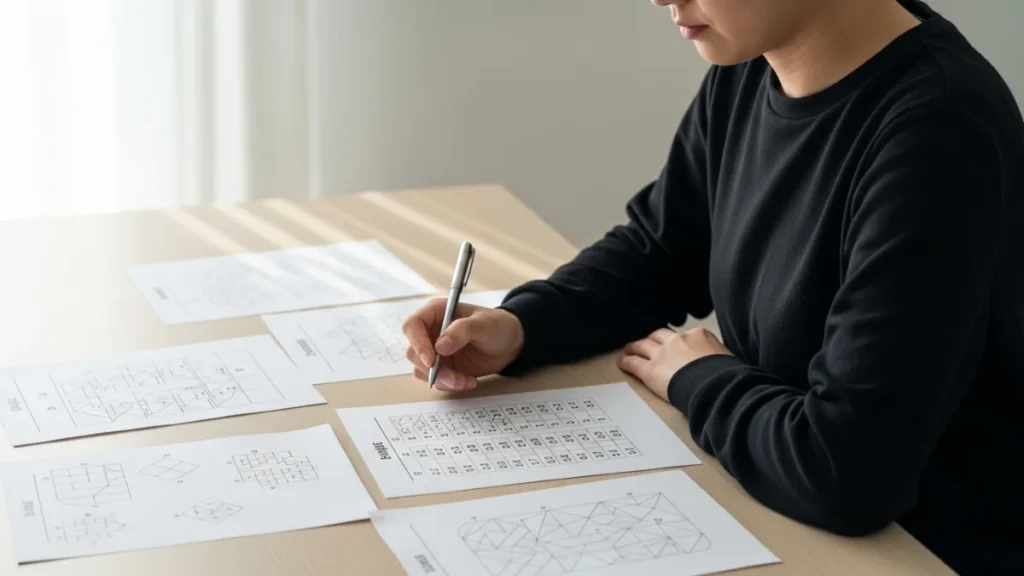 person in a black sweater is concentrating on filling out a logic puzzle