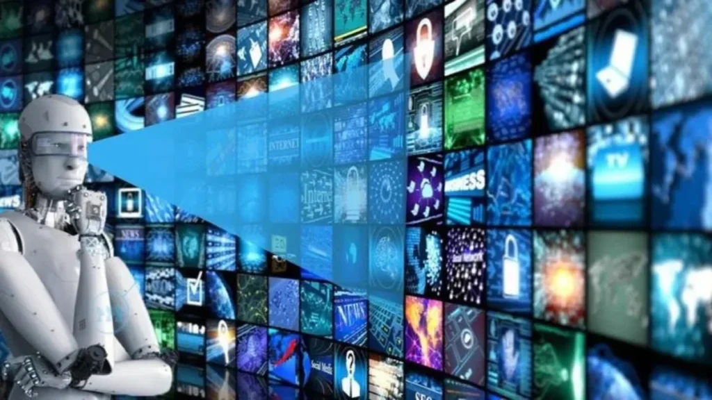 Futuristic robot scanning a digital media grid display, featured on voozon.