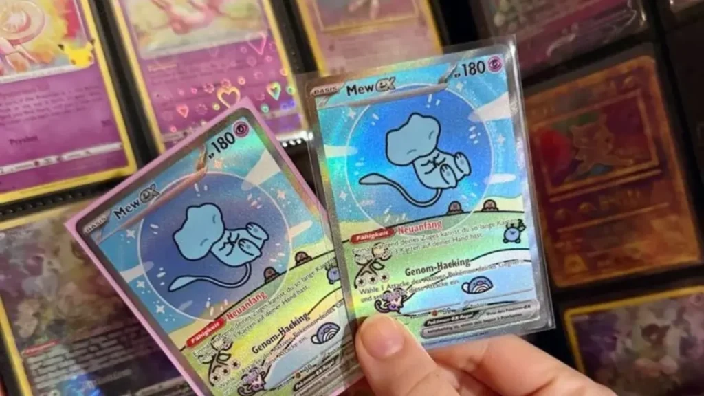 Holographic full art Mew ex cards display for bubble mew psa 10 collectors.
