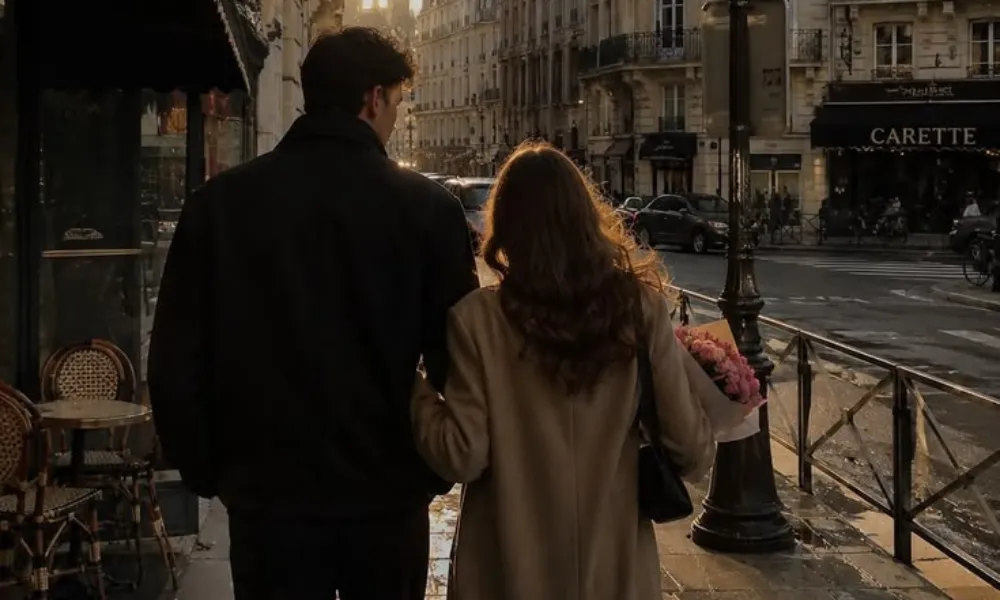 Romantic couple strolling down a city street holding fresh flowers for best names for couples.