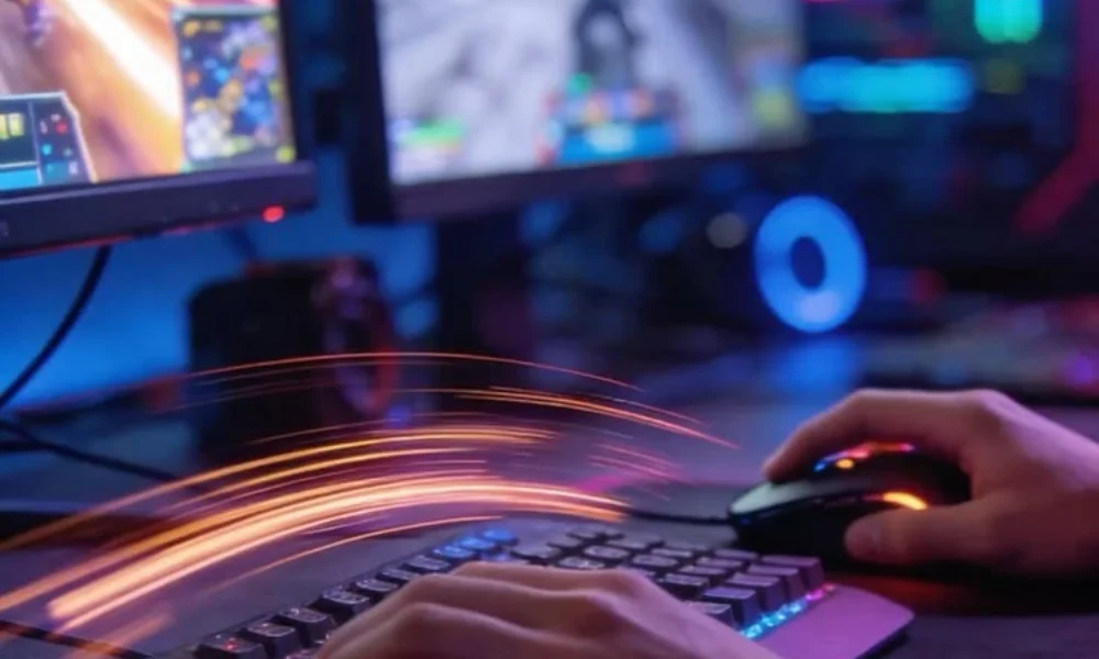 Action shot of a PC gaming setup with backlit keyboard and mouse for Cool Nicknames for Gamers.