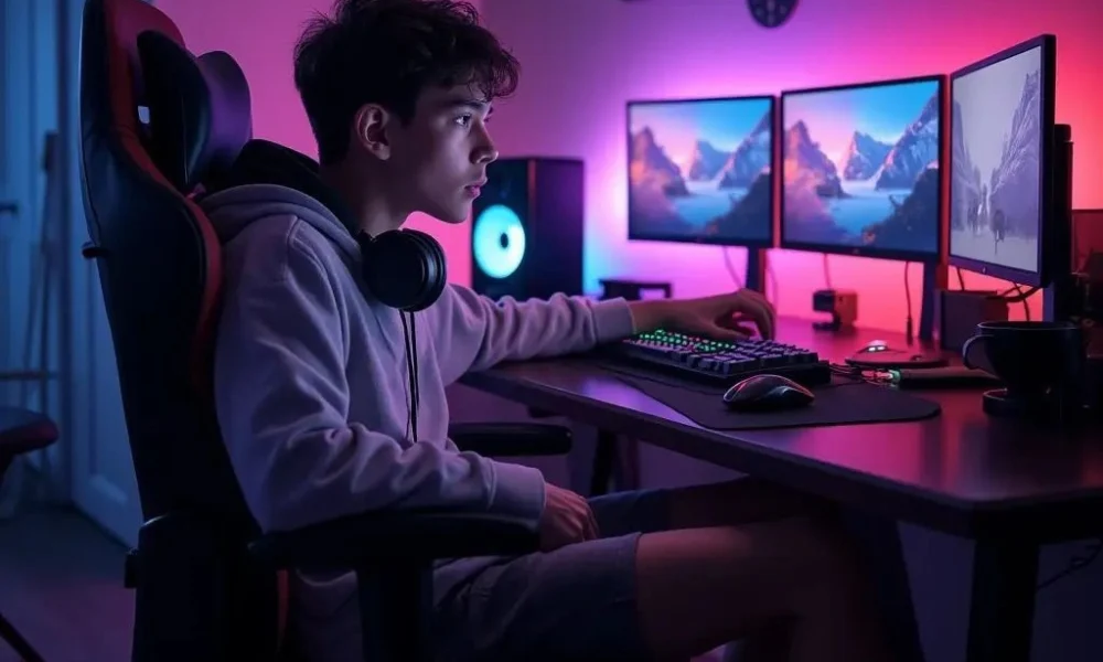  Modern PC gaming setup with multiple monitors for Cool Nicknames for Gamers. 