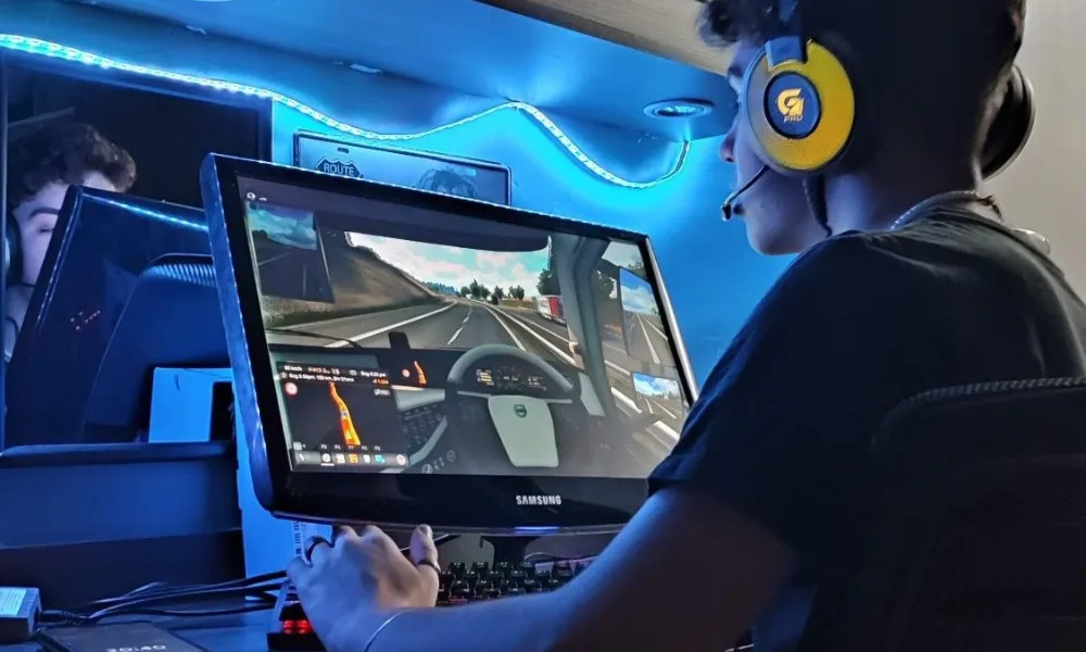  PC gaming setup with a driving simulator game for Cool Nicknames for Gamers.