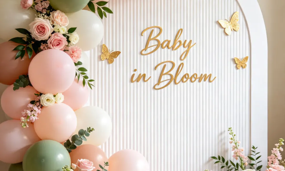 baby shower trivia questions featured in a photo of an arched "Baby in Bloom" backdrop decorated with sage green and blush pink balloons, gold butterflies, and fresh floral accents.