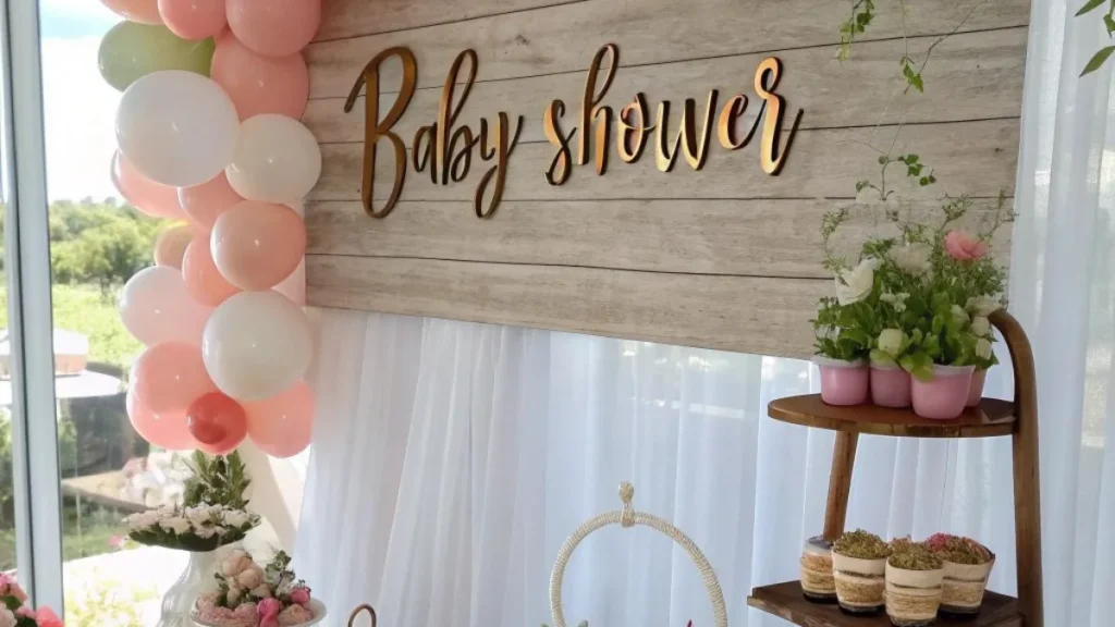 baby shower trivia questions featured in a photo of an elegant dessert table set with a pink balloon arch, floral cake, and tiered treat displays for a baby shower celebration.