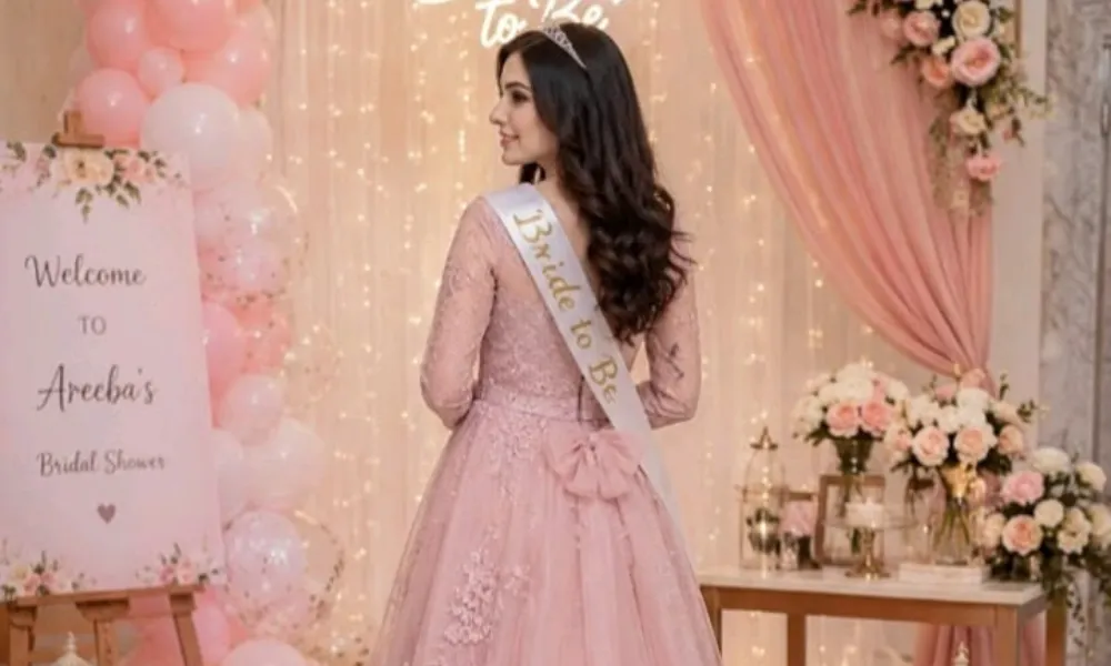 bridal shower trivia questions featured in a photo of a bride wearing a pink lace gown and sash facing a balloon arch and floral decor.