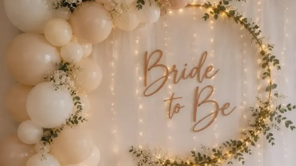 bridal shower trivia questions featured in a photo of an elegant "Bride to Be" backdrop set up with neutral balloons, fairy lights, greenery, and a white cake on a table.