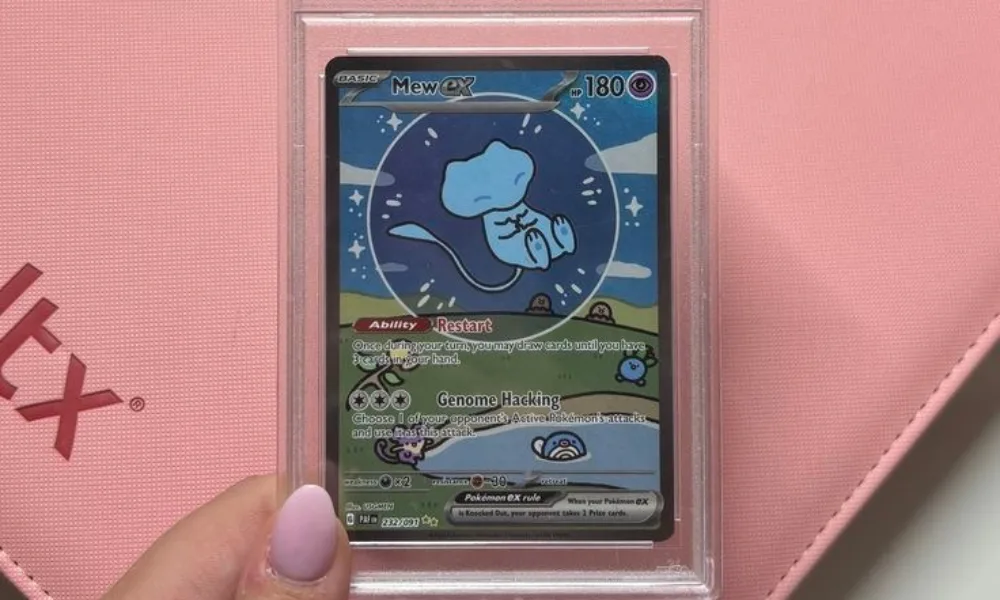 Encased shiny Mew ex Pokemon card display for bubble mew psa 10 collectors. 