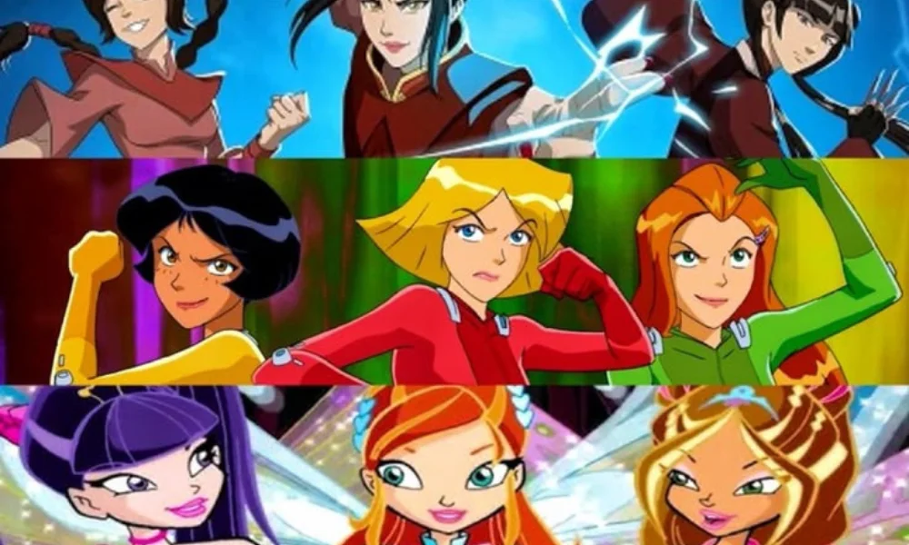 A three-panel animated character collage featuring iconic female trios: Ty Lee, Azula, and Mai from Avatar: The Last Airbender on top; Alex, Clover, and Sam from Totally Spies! in the center; and Musa, Bloom, and Flora from Winx Club on the bottom, ideal for an article on popular tv trivia questions.