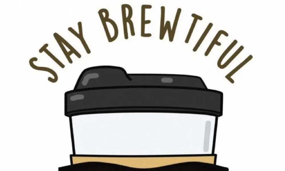 "Stay Brewtiful" coffee cup graphic card featuring clever short puns.