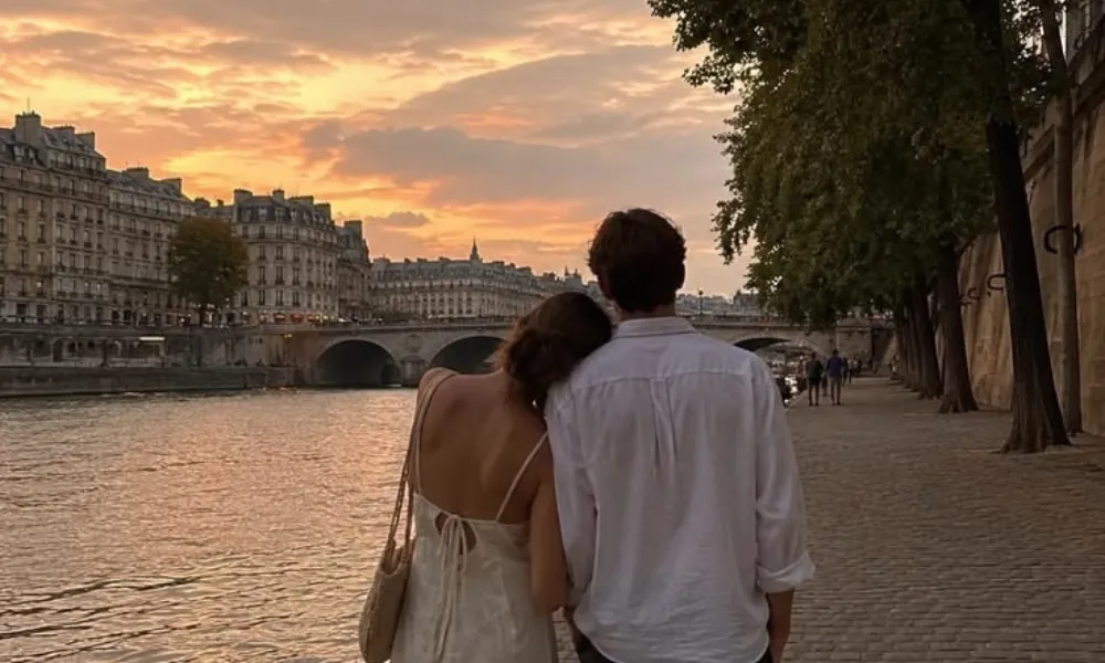 : Romantic couple enjoying a riverside sunset walk for best names for couples.