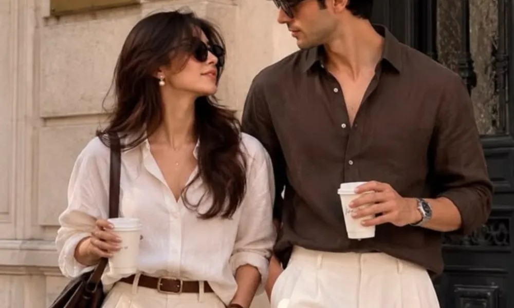 Stylish couple with takeaway coffee looking at each other for best names for couples.
