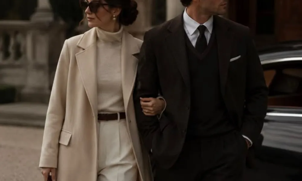Chic couple in luxury outfit walking together for best names for couples.