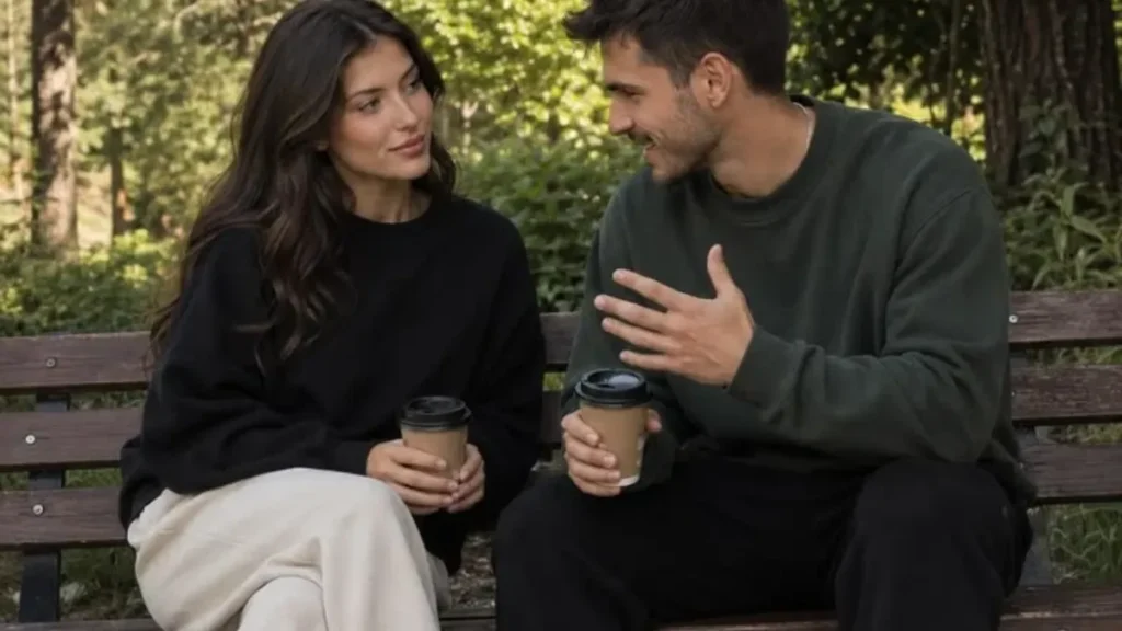 Couple having a coffee conversation outdoors for Cute Couple Nicknames.