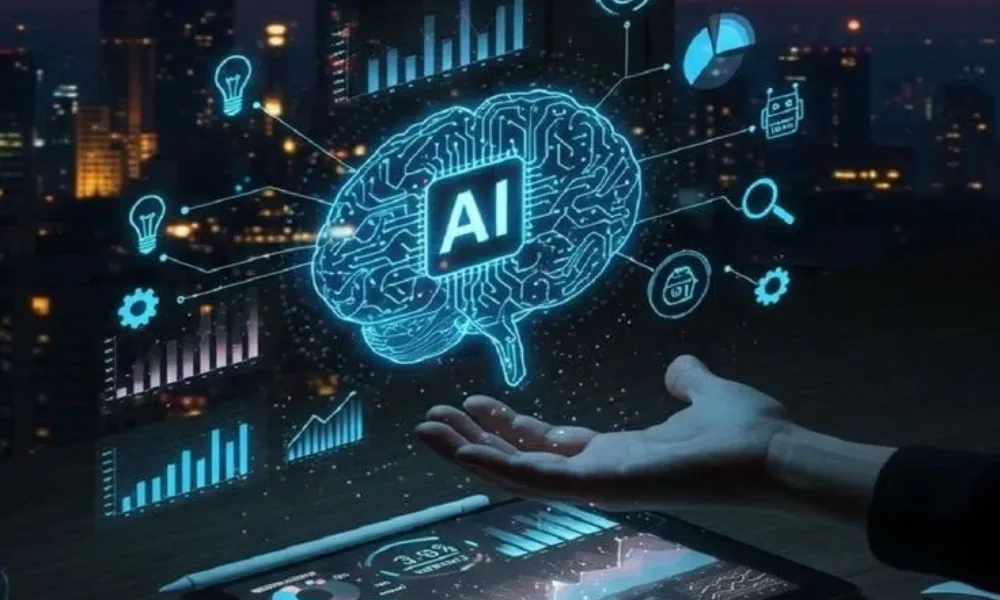 Digital AI brain hologram and analytics interface graphics, published on voozon. 