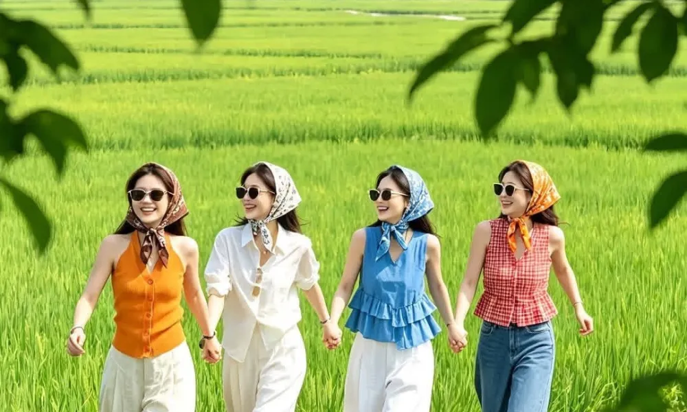 Group of female friends holding hands outdoors in a vibrant field for Funny Names for Group Chats. 