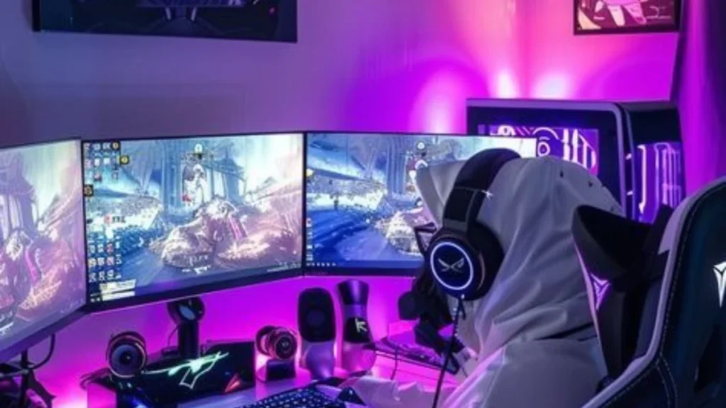 High-tech gaming station setup with purple lighting for Cool Nicknames for Gamers.
