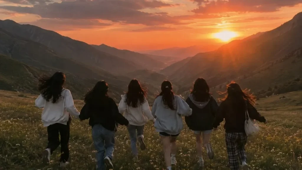 Best friends holding hands during a sunset mountain hike for Funny Names for Group Chats.