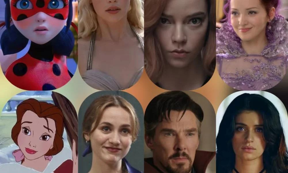 A grid collage of iconic animated and live-action characters including Miraculous Ladybug, Daenerys Targaryen, Beth Harmon (The Queen's Gambit), Mal (Descendants), Belle, Lexi Howard (Euphoria), Doctor Strange, and Yennefer (The Witcher), great for testing your knowledge with tv trivia questions.