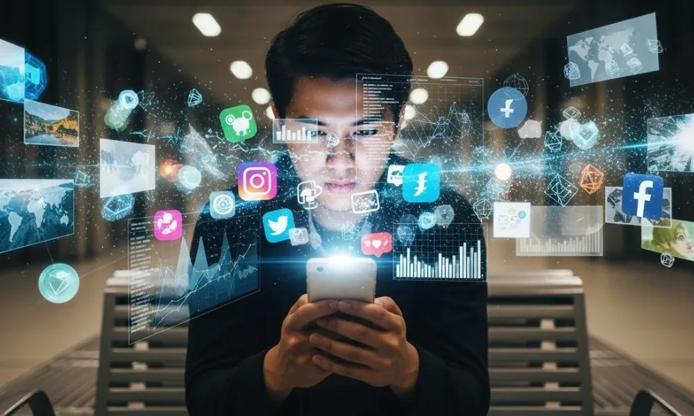  User interacting with glowing digital social media and analytics graphics on a smartphone, published on voozon.